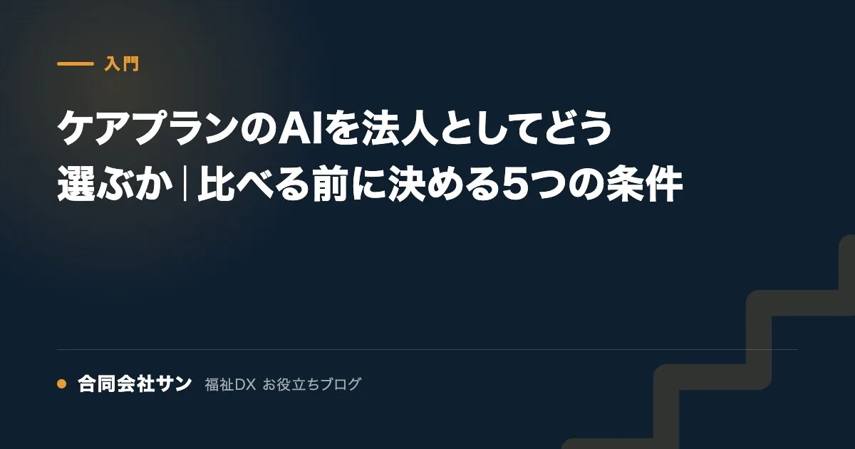 ケアプランのAIを法人としてどう選ぶか|比べる前に決める5つの条件 の要点をまとめた図(合同会社サン 福祉DX お役立ちブログ)