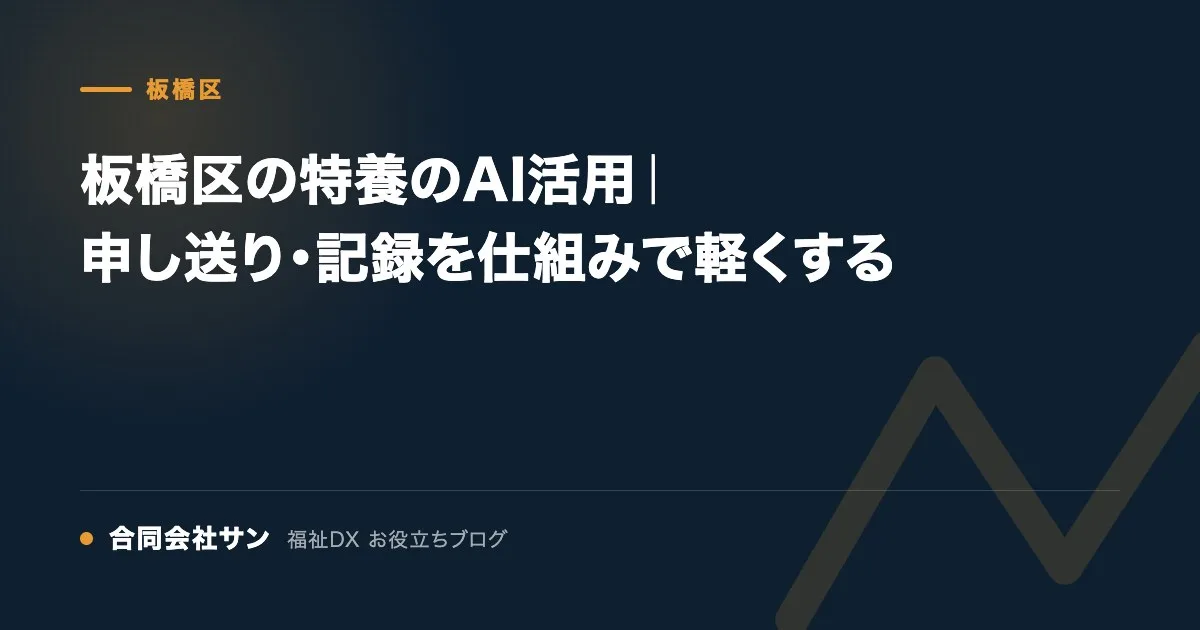 板橋区の特養のAI活用|申し送り・記録を仕組みで軽くする の要点をまとめた図(合同会社サン 福祉DX お役立ちブログ)