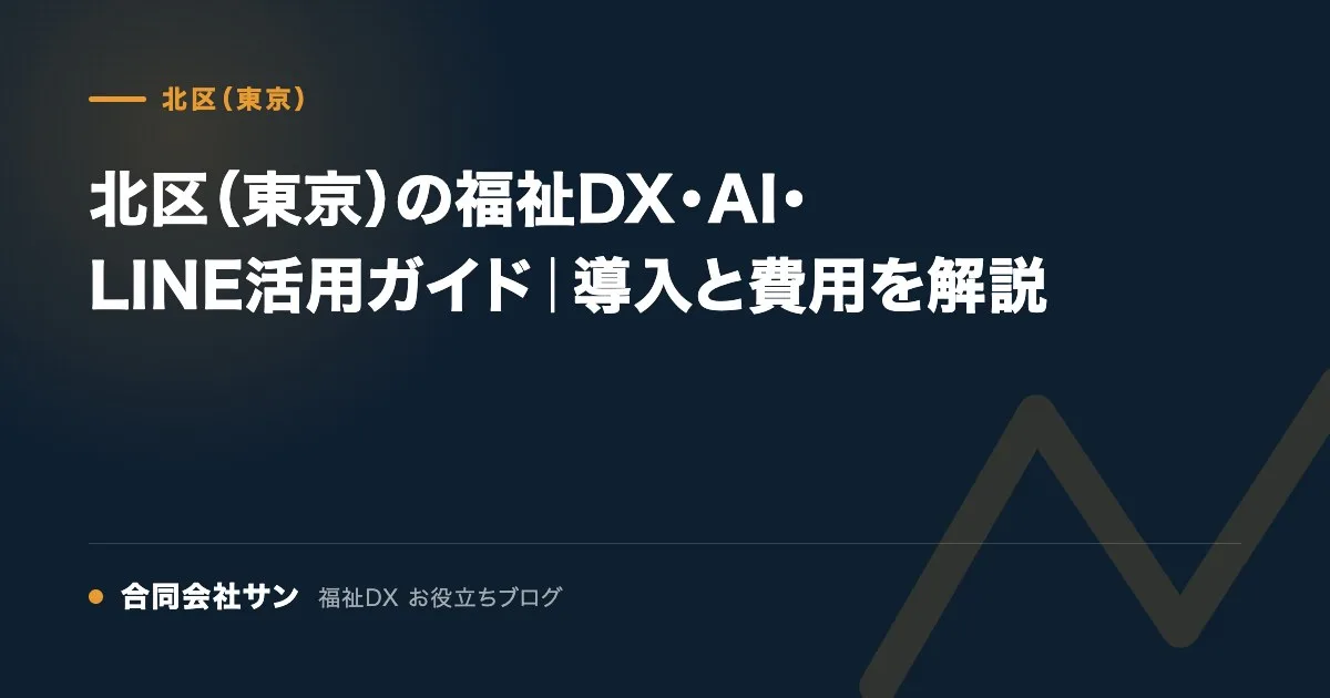 北区（東京）の福祉DX・AI・LINE活用ガイド｜導入と費用を解説 の要点をまとめた図（合同会社サン 福祉DX お役立ちブログ）