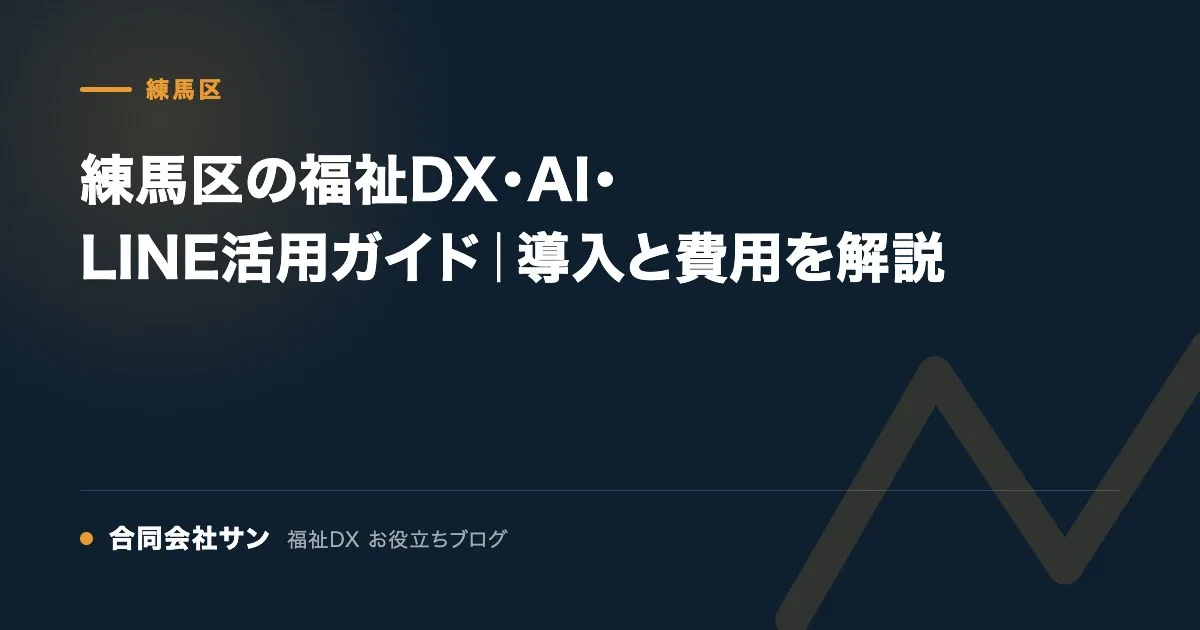 練馬区の福祉DX・AI・LINE活用ガイド｜導入と費用を解説 の要点をまとめた図（合同会社サン 福祉DX お役立ちブログ）