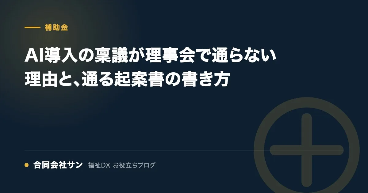 AI導入の稟議が理事会で通らない理由と、通る起案書の書き方 の要点をまとめた図(合同会社サン 福祉DX お役立ちブログ)