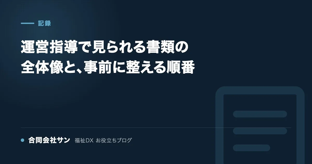 運営指導で見られる書類の全体像と、事前に整える順番 の要点をまとめた図(合同会社サン 福祉DX お役立ちブログ)