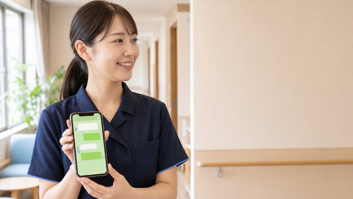 スマートフォンのLINEで福祉施設と家族がやりとりするイメージ